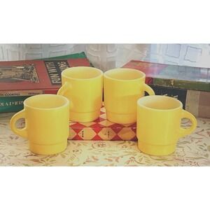 Vintage Set 4 Fire King Anchor Hocking Milk Glass Stacking Mug Cup Yellow MCM US